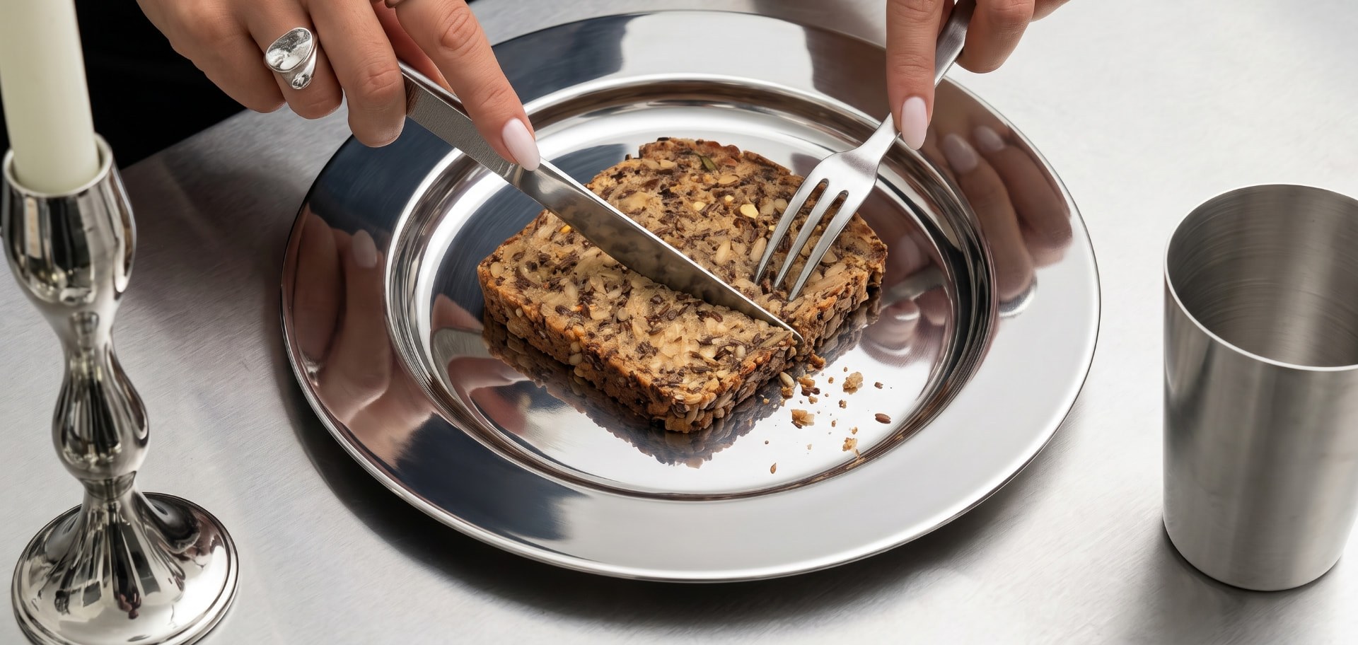Slice of vagus seed bread on a polished silver plate, cut with silver cutlery
